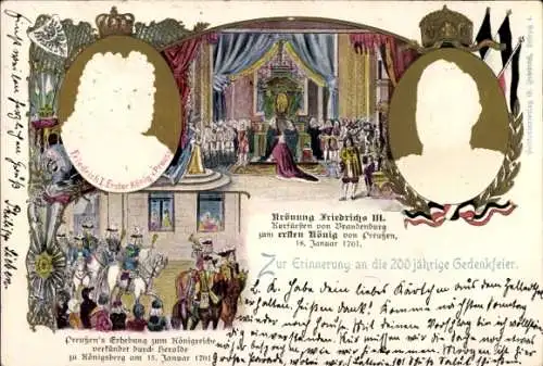 Präge Litho Krönung Friedrich III, Kaiser Wilhelm II, Friedrich I, Preußens Erhebung zum Königreich