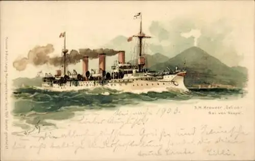 Künstler Litho Bohrdt, Hans, Napoli Neapel Campania, Deutsches Kriegsschiff, SMS Gefion, Kreuzer