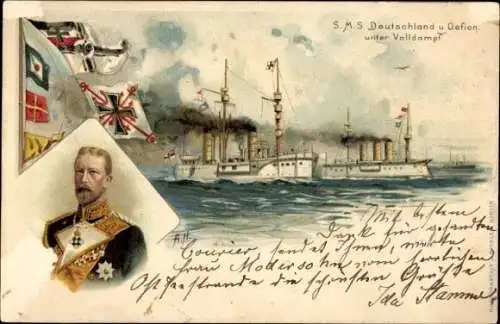 Litho Deutsches Kriegsschiff, SMS Deutschland, Gefion, Großadmiral Prinz Heinrich von Preußen