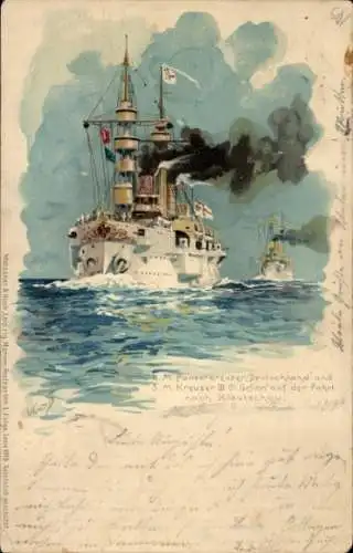 Künstler Litho Bohrdt, Hans, Deutsche Kriegsschiffe, Panzerkreuzer SMS Deutschland, SMS Gefion