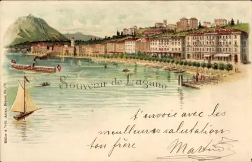 Litho Lugano Kanton Tessin Schweiz, Promenade, Häuserreihe