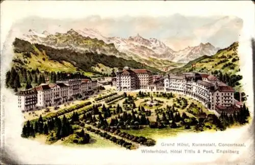 Ak Engelberg Kanton Obwalden Schweiz, Grand Hotel, Kuranstalt, Hotel Tilsit und Post