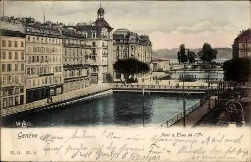 Ak Genf Genf Schweiz, Brücke und Turm der Insel