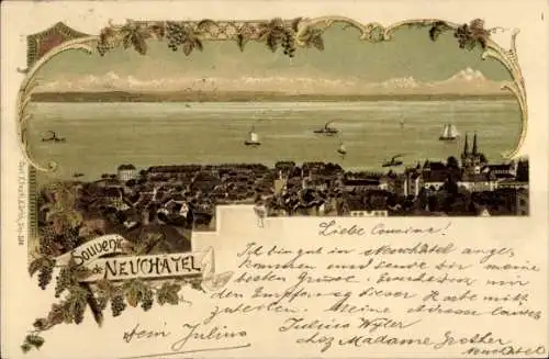 Passepartout Litho Neuchâtel Neuenburg Stadt, Panorama, See