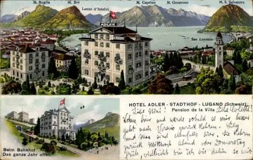 Ak Lugano Kanton Tessin Schweiz, Hotel Adler, Bahnhof
