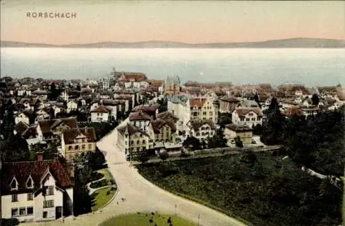 Ak Rorschach Kt. St. Gallen Schweiz, Totalansicht der Ortschaft, See
