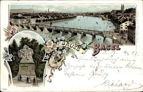 Litho Bâle Basel Stadt Schweiz, Rheinbrücke, Straßburger Denkmal