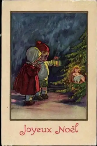 Ak Glückwunsch Weihnachten, Kinder am Tannenbaum, Engel, Handlaterne