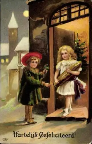 Präge Litho Glückwunsch Weihnachten, Mädchen mit Brot, Tannenbaum