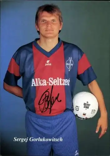 Autogrammkarte Fußballer Sergej Gorlukowitsch, Bayer 05 Uerdingen, Reklame Alka Seltzer