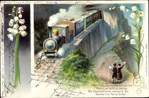 Litho Dampflok kommt aus einem Tunnel, Maiglöckchen, Wanderer