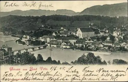 Ak Bad Tölz im Isartal Oberbayern, Ortspanorama, Flusspartie, Brücke, Berge