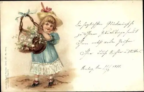 Litho Mädchen mit Blümenkorb, Geburtstag