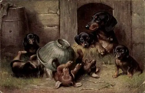 Künstler Ak Reichert, Dackel mit Welpen