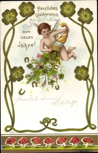Litho Neujahr, Engel, Hufeisen, Fliegenpilz