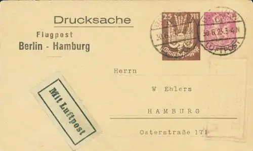 Ganzsachen Ak Deutsche Flugpost Berlin Hamburg, 30.6.1923, Luftpost