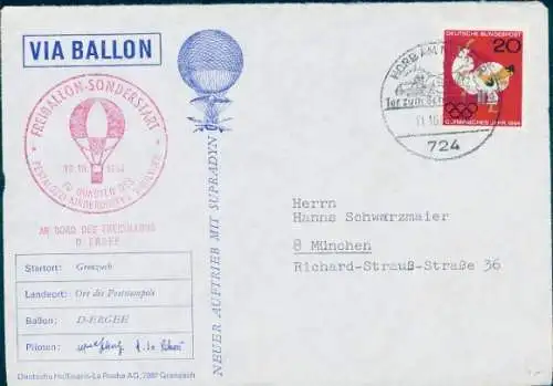 Brief Ballonpost, Freiballon Sonderstart 10.10.1964, D-ERGEE, Grenzach, Reklame Supradyn