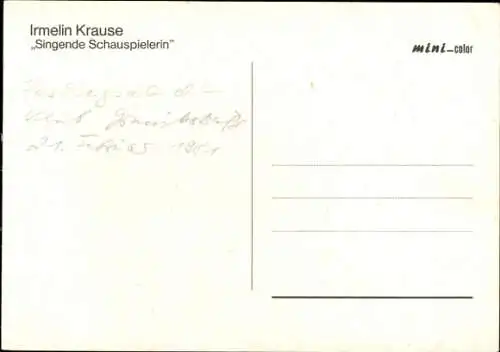 Ak Schauspielerin und Sängerin Irmelin Krause, Portrait, Autogramm