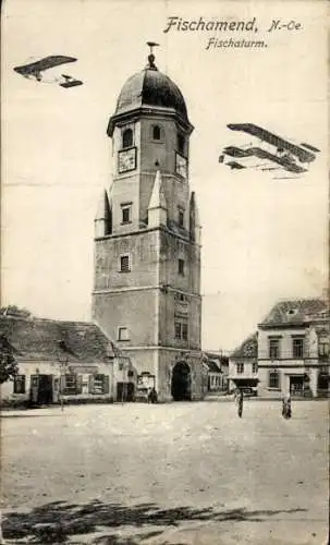Ak Fischamend Niederösterreich, Fischaturm, österreichische Militärflugzeuge
