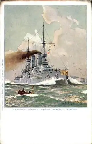 Künstler Ak Stöwer, Willy, Deutsches Kriegsschiff, SMS Zähringen, Linienschiff, Kaiserliche Marine