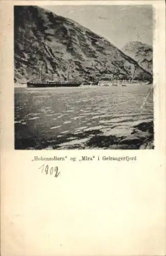 Ak Deutsche Schiffe in Norwegen, Geirangerfjord, SMS Hohenzollern, Dampfer Mira, Nordlandreise 1902