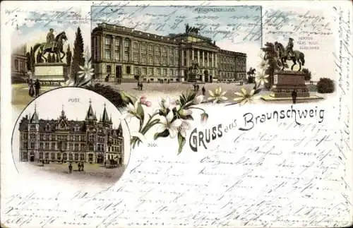 Litho Braunschweig in Niedersachsen, Residenzschloss, Post, Denkmäler