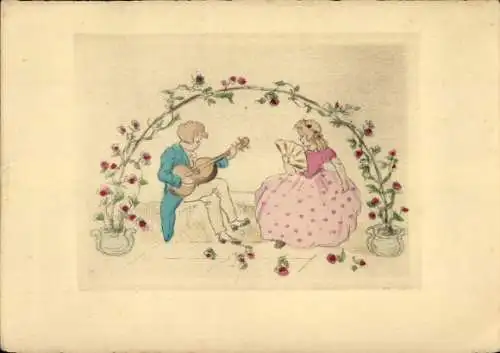 Ak Kinder, Junge spielt Gitarre, Blumen, Mädchen mit Fächer
