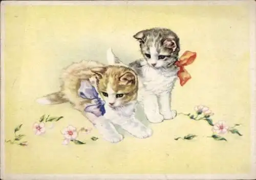 Ak Zwei junge Katzen, Blumen, Schleifen