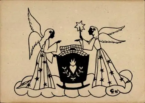Scherenschnitt Künstler Ak Clare, C., Zwei Schutzengel, Kinderkrippe