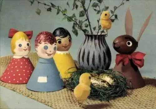 Ak Glückwunsch Ostern, Spielzeuge, Küken, Eier im Nest, Kinder, Osterhase