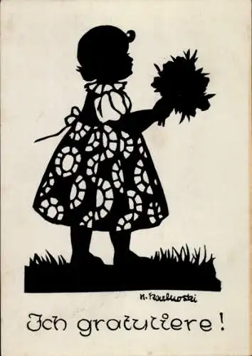 Scherenschnitt Künstler Ak Karlewski, H., Glückwunsch, Gratulantin, Blumen