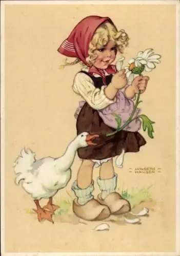 Künstler Ak Lungershausen, Ilse Wende, Mädchen mit Blume, Gans