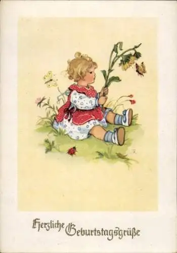 Ak Glückwunsch Geburtstag, Mädchen, Wiese, Schmetterling, Marienkäfer