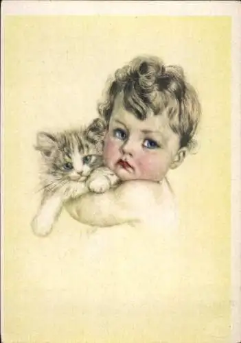 Ak Kleinkind mit junger Katze im Arm