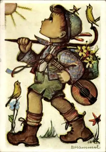 Künstler Ak Hummel, 14383, Wanderer mit Gitarre, Vögel