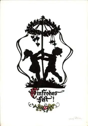 Scherenschnitt Künstler Ak Plischke, G., Glückwunsch, Spielende Kinder, Maibaum
