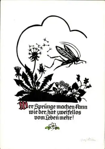 Scherenschnitt Künstler Ak Plischke, G., Blumen, Grashüpfer
