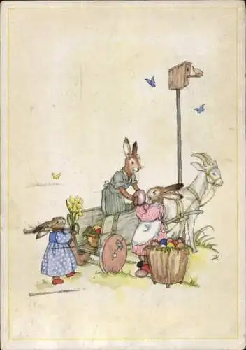 Ak Ostern, Osterhasen, Ostereier-Transport, Blumen, Ziege