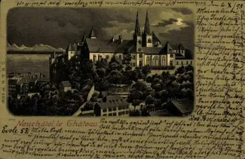 Mondschein Litho Neuchâtel Neuenburg Stadt, Schloss bei Nacht
