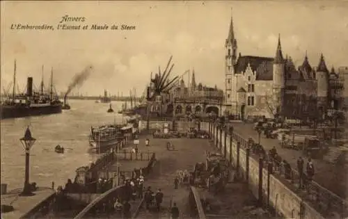 Ak Antwerpen Antwerpen Flandern, Pier, Schelde und Steen Museum