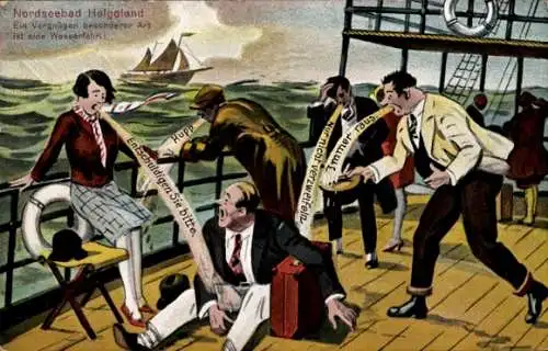 Ak Nordseeinsel Helgoland, Seekranke Passagiere auf einem Schiff übergeben sich