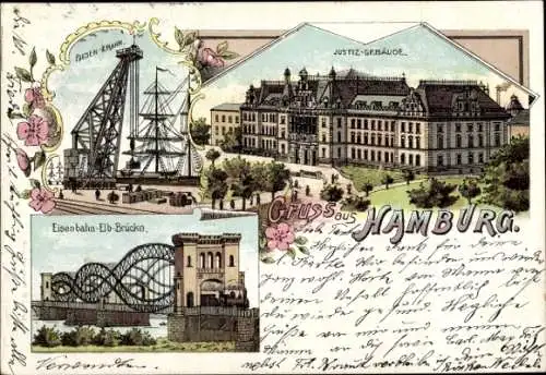 Litho Hamburg Altstadt Mitte, Riesenkrahn, Justizgebäude, Eisenbahn Elb Brücke