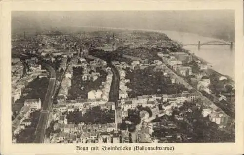 Ak Bonn am Rhein, Panorama, Rheinbrücke, Luftbild aus dem Ballon aufgenommen