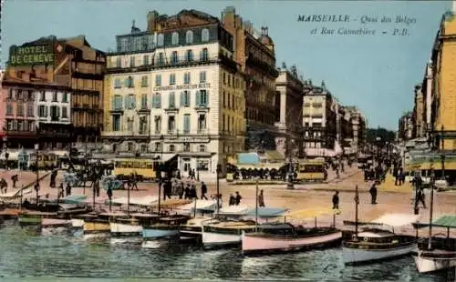 Ak Marseille Bouches du Rhône, Quai des Belges, Rue Cannebiere