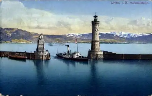 Ak Lindau am Bodensee Schwaben, Hafeneinfahrt, Dampfschiff