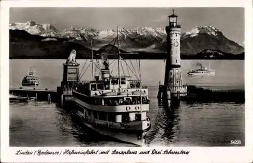 Ak Lindau am Bodensee Schwaben, Hafeneinfahrt, Drei Schwestern