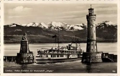 Ak Lindau am Bodensee Schwaben, Hafeneinfahrt, Motorschiff Allgäu