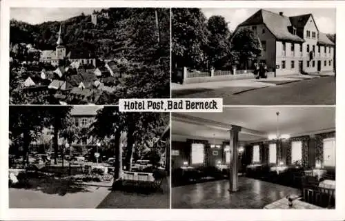 Ak Bad Berneck im Fichtelgebirge Bayern, Hotel Post, Ortsansicht mit Kirche, Terrasse, Speisesaal