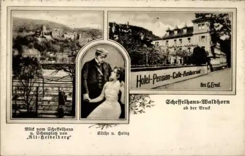 Ak Heidelberg am Neckar, Scheffelhaus Waldhorn, Gartenrestaurant, Käthe und Heinz, Panorama