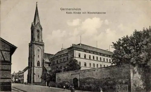 Ak Germersheim am Rhein, Kath. Kirche, Klosterkaserne, Straßenszene, Außenansicht